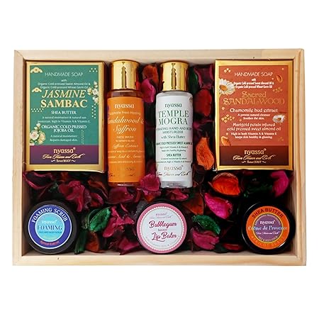 NYASSA Premium Bath and Body Treats Wooden Gift Set for Women|Pack of 7