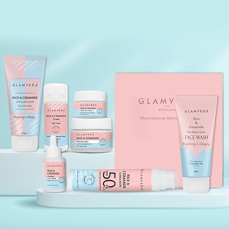 Glamveda Korean Rice & Ceramide 7 Step Weekly Skincare Routine For Women with Gift Box | Face wash, Peel Off Mask, Toner, Serum, Under eye cream, Moisturizer & Sunscreen | Skin Brightening