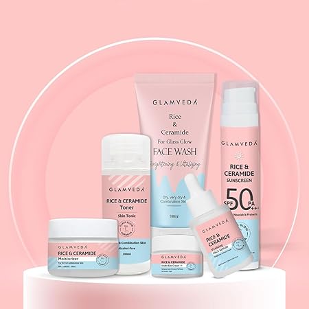 Glamveda Korean Rice & Ceramide 6 Step Daily Skincare Routine For Women with Gift Box | Face wash, Toner, Serum, Under eye cream, Moisturizer & Sunscreen