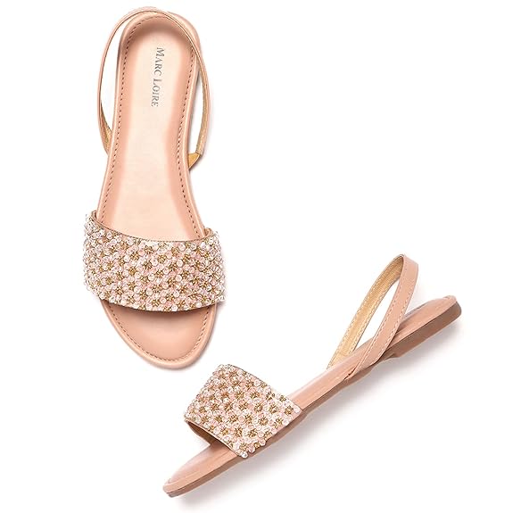Marc Loire Women's Pair of Embellished Nude Indo- Western Flat Fashion Sandals, Party and Formal Occasions.