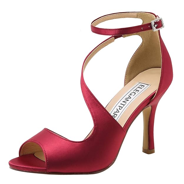 ElegantPark HP1565 Women's Peep Toe High Heels Ankle Strap Buckle Satin Wedding Evening Dress Sandals Burgundy US 7.5