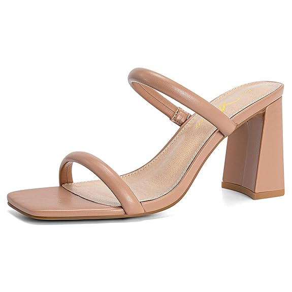 Athlefit Women's Square Open Toe Two Strap Heeled Sandals Slip On Block Chunky Heels Sandals