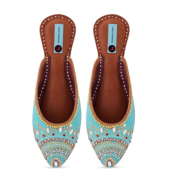 Laila Blue color Mule for Women | Bridal Soft Leather ethnic Juttis | Bite and Pinch Free Jutis | Casual Flat Stylish Mojari for Ladies | Ethnic stylish Flats for Girl | Punjabi Jutti | Back Open juti