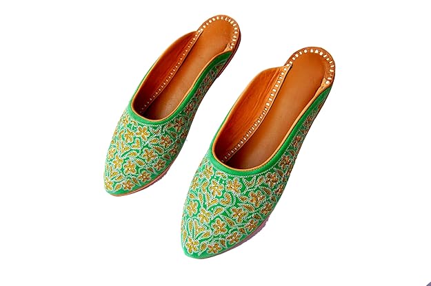 Leatherchie Golden and Silver Zari Embroidered Mint Green Velvet Leather Flat Mules for Women
