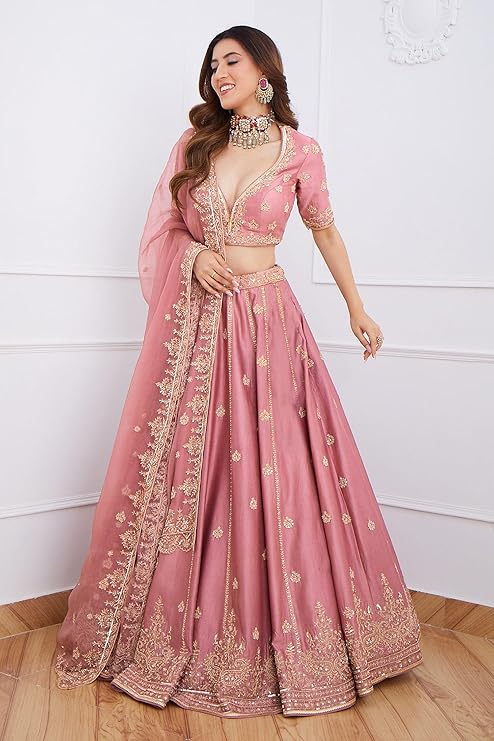 TRENDMALLS Women's Satin Embroidery Sequence Work Lehenga Choli Set with Dupatta For Women SemiStitch | Stylish Wedding Lehenga Choli for women