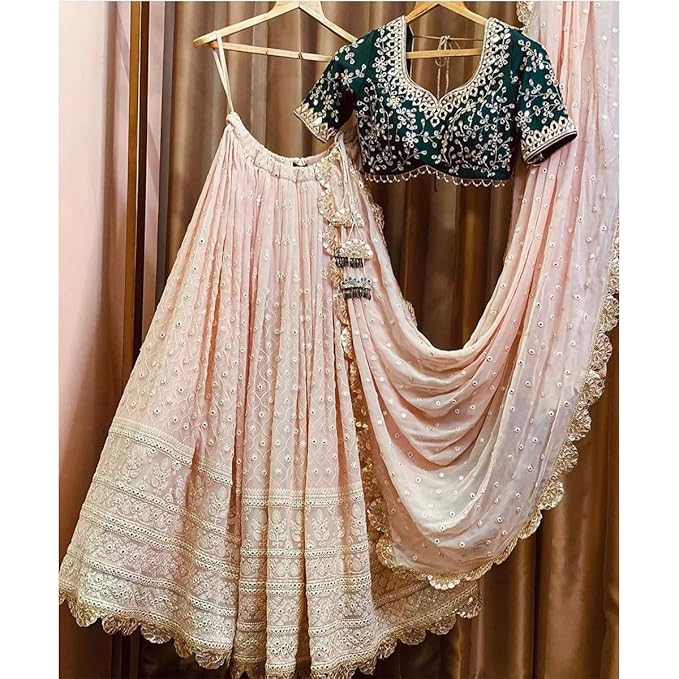 DHRISHAFASHION Women's Georgette Semi Stitched Lehenga Choli In Orange Colour Wedding Lehenga CholiForWomenSF21857