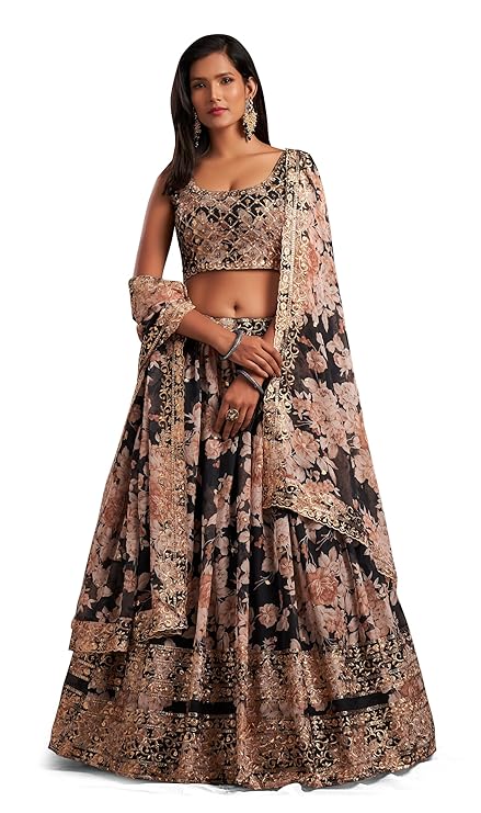 MANJAR OUTLET Semi-Stitched Lehenga with Embroidered Thread Work, Choli & Duppatta - 3.5m Lehenga Flair, 2.2m Duppatta Wedding Lehenga Set