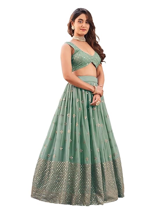 Fab Window Women's Sequine Embroidered Work Georgette Fabric Lehenga Choli With Dupatta (_Semi Stitched).
