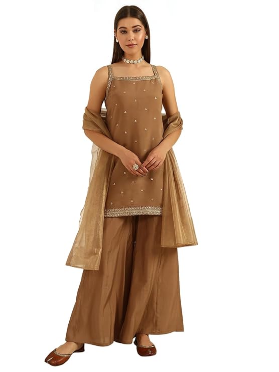 FIORRA Women's Brown Viscose Chanderi Straight Kurta with Palazzo and Dupatta