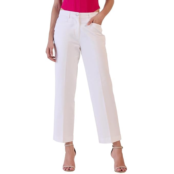 Powersutra White Trouser | Mid Waist Trouser for Women | Straight Fit | Office Wear for Women | Side Pockets | Cotton Blend