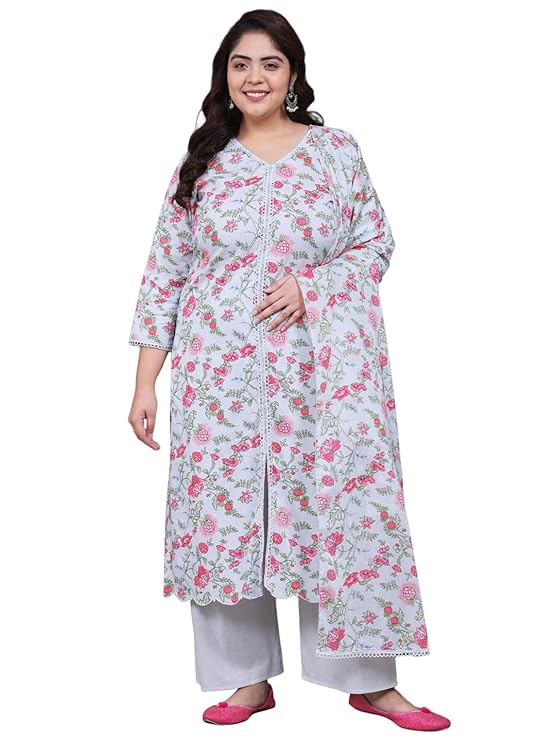 Tissu Women's Plus Size Peach Floral Printed Kurta With Palazzo & Dupatta