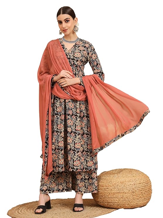 Vbuyz Women'S Kalamkari Print Cotton Stitched Kurta Palazzo With Dupatta | Straight Kurta Pant Dupatta | Kurta Set with Dupatta for Women | Suit Set | Ethnic Set | Printed Kurta Set