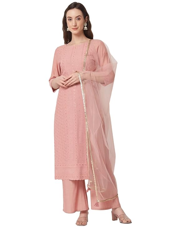 SHOPPING QUEEN Women's Silk Blend Chikankari Embroidery Kurta Set with Dupatta