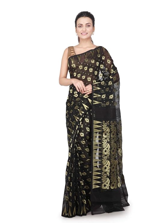 PinkLoom Women's Cotton Silk Saree With Blouse Piece, Black, Gb241
