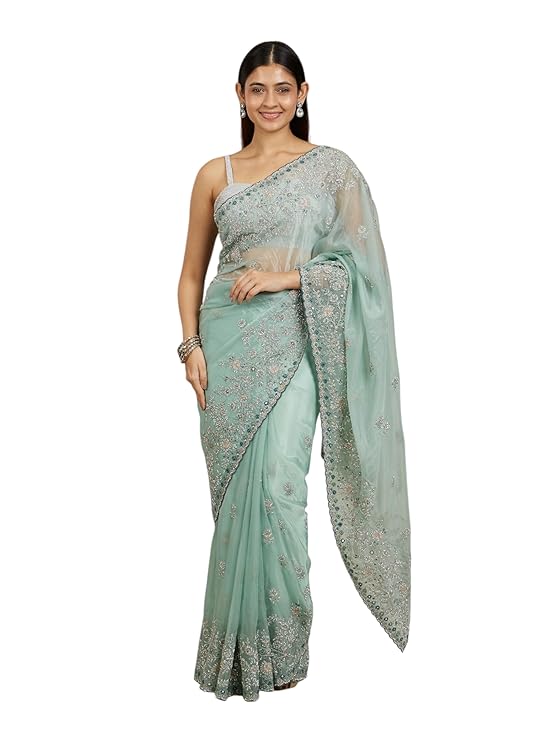 MOHEY Women's Organza Buta Embroidered | Mirror & Sequin Work Saree