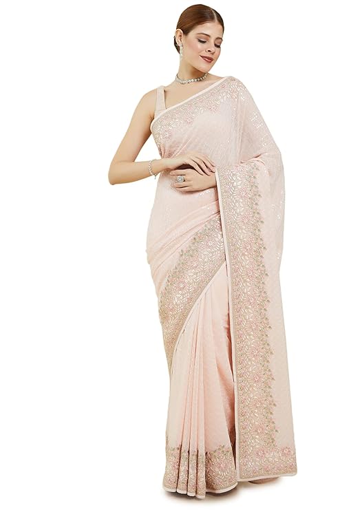 Soch Womens Peach Georgette Saree With Floral Embroidery And Sequins