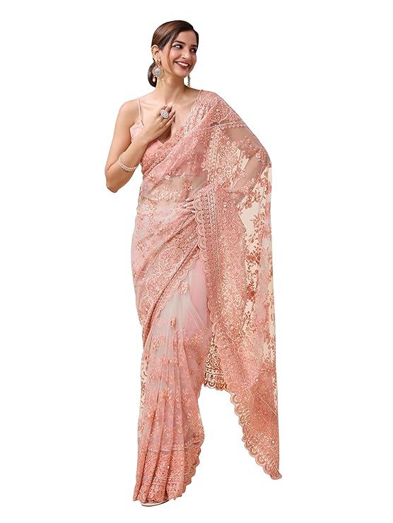 TRENDMALLS Women's Net Embroidery work Saree with Unstitched Blouse Piece