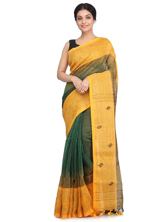 PinkLoom Women'S Linen Saree With Blouse Piece, Yellow, Dp134_Pkl