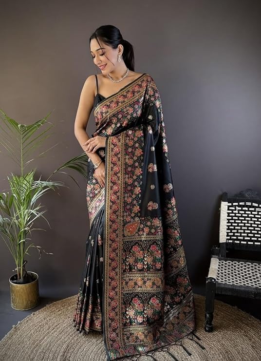 Veglari Women's Kanchipattu Phasmina Silk Hand Work Pure Jari Wewing Original Kanjivaram Jacqurad Rajwadi Print Kalmkari Sarees With Blouses Piecs And Zalar