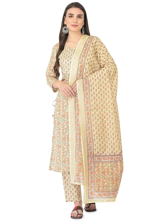 Pistaa's Women Cotton Straight Printed Suit Set