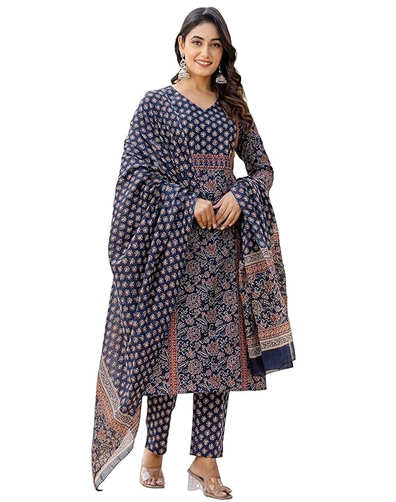 SIRIL Women's Cotton Printed Straight Kurta with Pant & Dupatta Set