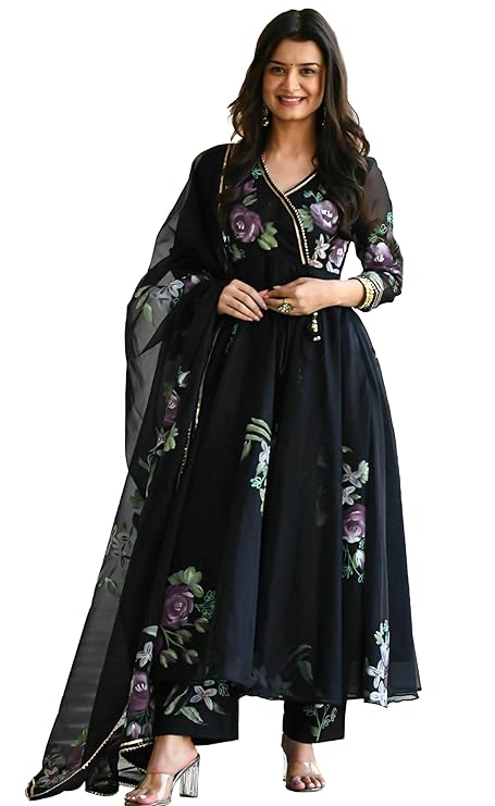 Sugathari Women's Georgette Anarkali Floral Printed Kurta with Pant & Dupatta (Dress 113)