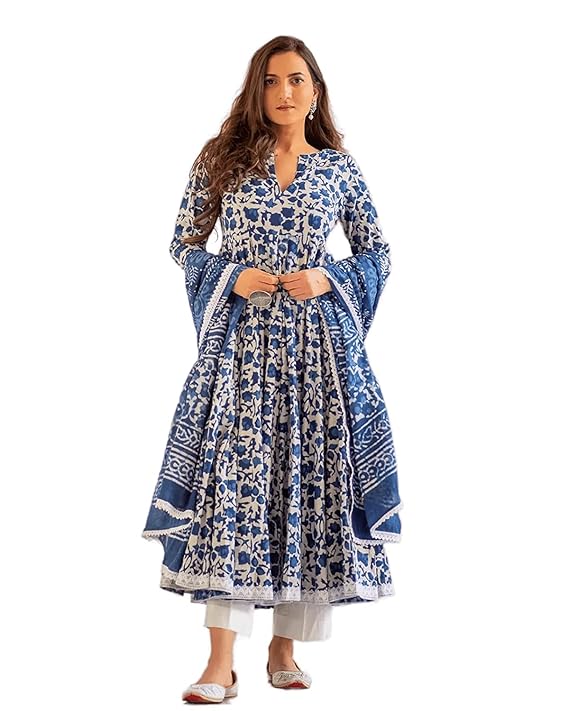 MEERA FAB Women's Cotton Printed Anarkali Kurta with Palazzo & Dupatta Set