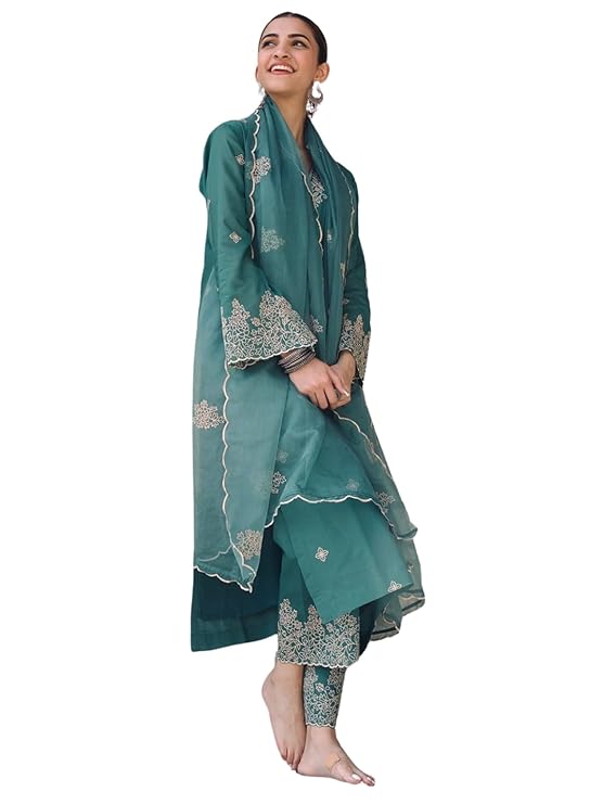 Royal Export Women's Viscose Silk Floral Embroidered Straight Kurta Pant with Dupatta