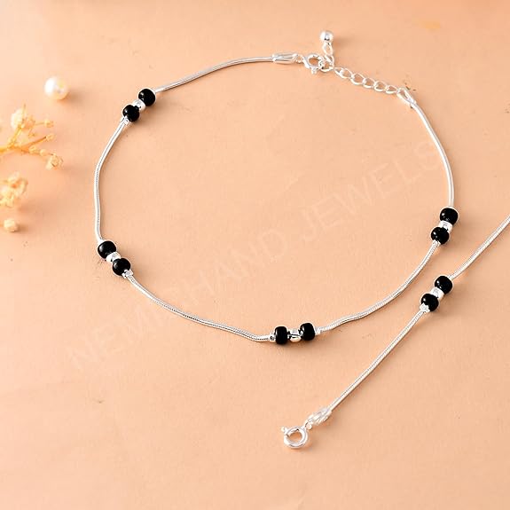 NEMICHAND JEWELS Pure Silver 925 Black Bead Nazariya Snake Anklet Payal For Women with Certificate (Silver, White, Single Piece)