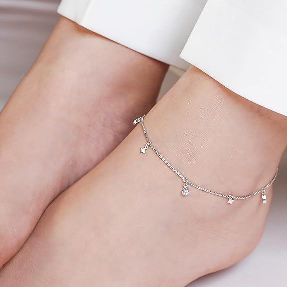 ZAVYA 925 Sterling Silver CZ Rhodium Chain Anklet (Single) | Gift for Women & Girls | 1 Year Plating Warranty|Rakhi Gift For Sister