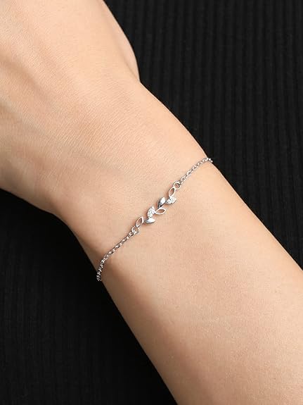 Clara 925 Sterling Silver Leaf Bracelet, Rakhi for Bhabhi | Adjustable, Rhodium Plated, Swiss Zirconia | Gift for Women and Girls