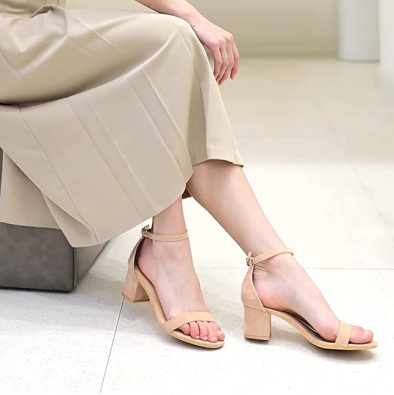 Ankis Nude Black Silver Gold Heels for Women Open Toe Ankle Strap Chunky Heel Pump Sandals Party Wedding Strappy Buckle Sandals Standard Size 2.75 Inches Tall Thick Heel Design