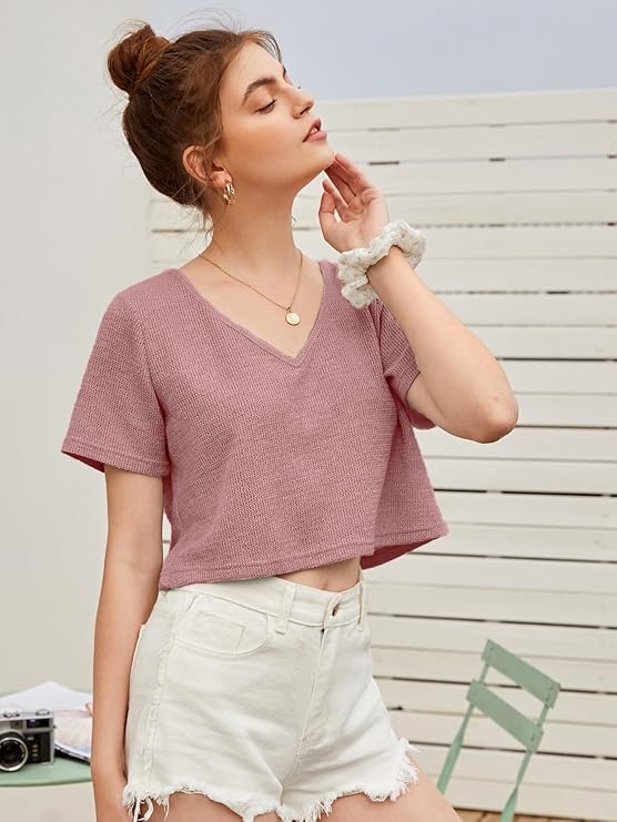 Zilcon Womens Fashion Crop Tops Summer Winter Baisc Tees V Neck Tshirts Casual Short Sleeve Cropped Top Crop Tops for Women | Women Fashion