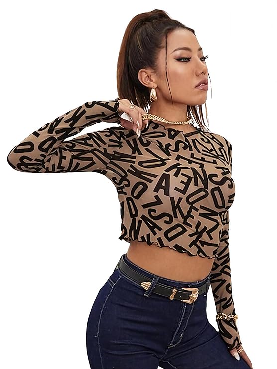 Pratiharye Allover Letter Graphic Sheer Mesh Crop Top - Full Sleeve Top for Women - Crop Tops for Women Stylish - net Tops for Women - Graphic Print Tops - Slim fit top - Mock Neck - Sexy and Latest