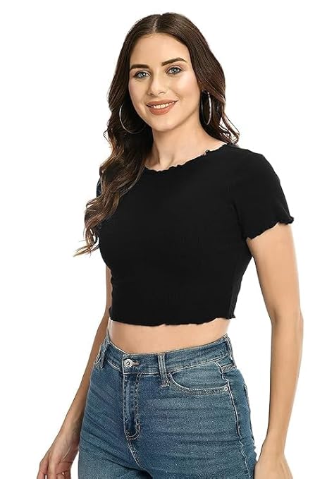 Newlife Fashion Vikasproduct Women’s Solid Black Ribbed Crop Top | Short Sleeve Stretchable Fitted Tee | Stylish Summer Top | Casual Cotton Blend | Round Neck T-Shirt for Girls & Teens