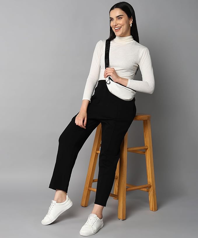 Alan Jones Clothing Womens Mid Rise Stretch Straight Trousers | Straight Fit With Pin Tucks | Side Pockets | Concealed Drawstring Waist