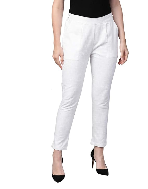 Yash Gallery Women's Regular Fit Mid Rise Solid Cotton Slub Ankle Length Regular Trouser Pant