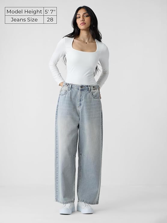 The Souled Store Barrel-Fit Denim: Arctic Women and Girls Buttoned Cotton Barrel Fit Jeans