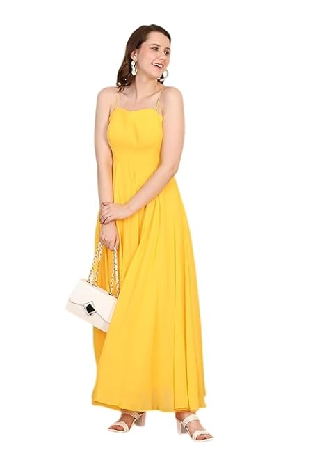 GEETUES Women's Georgette Gown with Bustier | Sleeveless Western Gown Dress for Girls | Stylish Floor Length Ball Gown for Party Wedding Cocktail Occasions (Yellow)