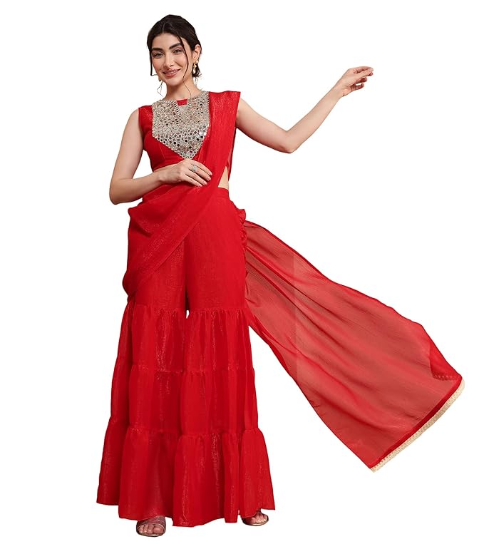 DEEBACO Solid Wrinkle Shimmer Chiffon Crop Top With Sharara & Dupatta Co-ord Set For Women's|Sleeveless Round Neck Body Fit Stylish Summer Fusion Casual Wear Ladies Cord Set