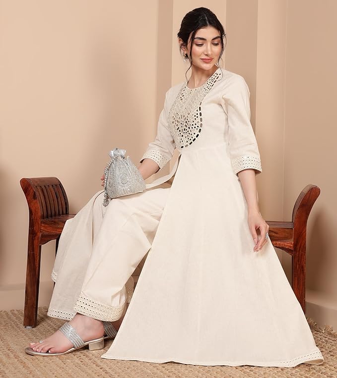 DEEBACO Solid Cotton Anarkali Kurta & Palazzos Co-ord Set For Women's|3/4 sleeve Round Neck Regular Fit Stylish Summer Fusion Casual Wear Ladies Cord Set