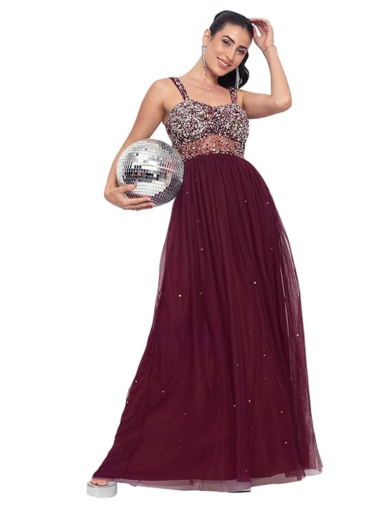 Martini Women Western Gown Dress | Long | Backless | Padded | Embroidered | Stylish Wedding Cocktail (Wine)