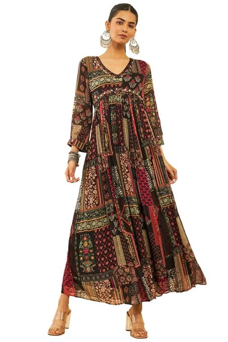 Soch Womens Black Chinon Tile Printed Ethnic Dress with Mirror Work