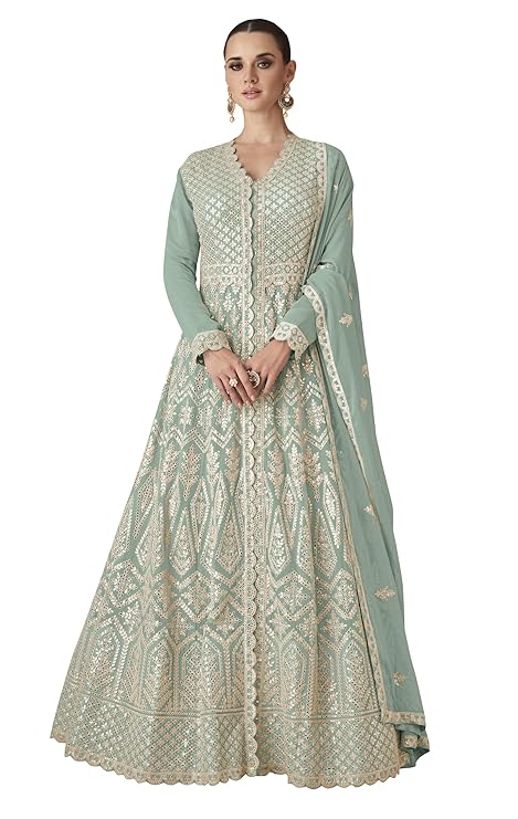 RUDRAPRAYAG Georgette Embroidery Semi Stitched Falared Anarkali Gown for Women