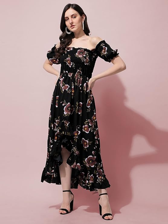 OOMPH! Flared Dress for Women Stylish | Long One Piece for Women | Off Shoulder Puff Sleeve Long Dress | Floral Print Maxi One Piece | Western & Fusion wear Bohemian Style