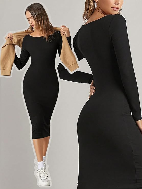 Aahwan Solid Round Neck Solid Bodycon Midi Dress for Women's & Girl's
