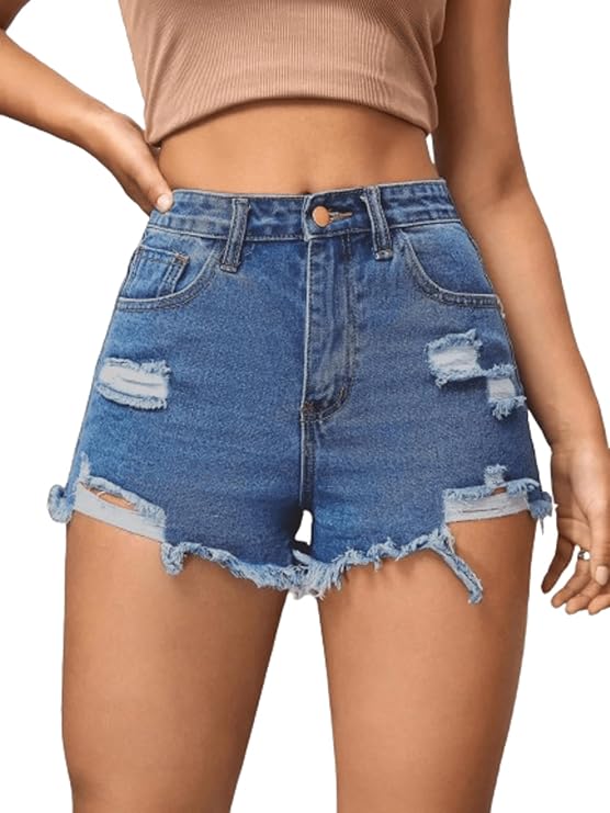 Aahwan Solid High Waist Ripped Raw Trim Denim Shorts Casual Summer Shorts for Women's & Girls
