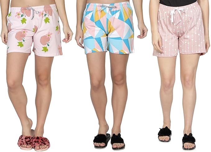 Club A9 Women's Mid Rise Elastic Waist Regular Fit Comfy Breathable Cotton Printed Summer Shorts Combo (Multicolor,L) - Pack of 3 (Green, Black, Peach)