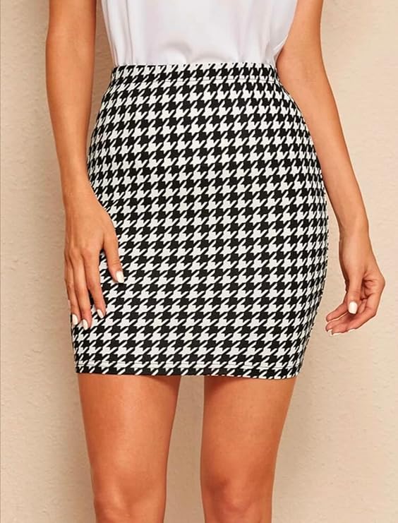 Dream Beauty Fashion Women's Highwaist Short Mini Skirt Houndstooth Print Bodycon Pencil Skirt with Elastic Rubber Band (17" inches