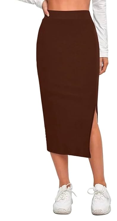 Fashionez Women's Elastic Maxi Skirt Waist Pencil Bodycon Midi Skirt/Comfortable High Waisted with Side Slit Below Knee Length Elegance for Women